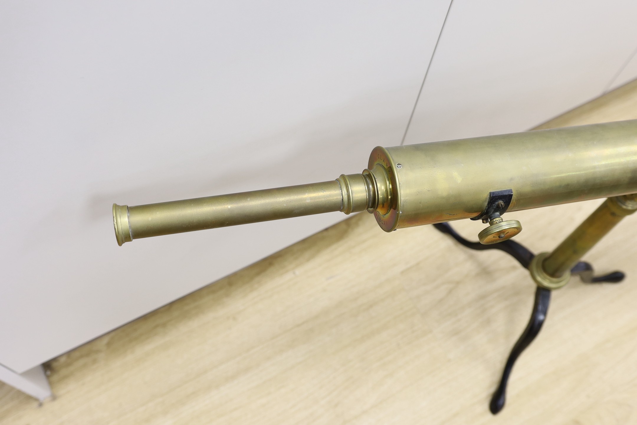 A Victorian Clarkson, High Holborn, brass telescope, on stand, 53cms high x 117cms long